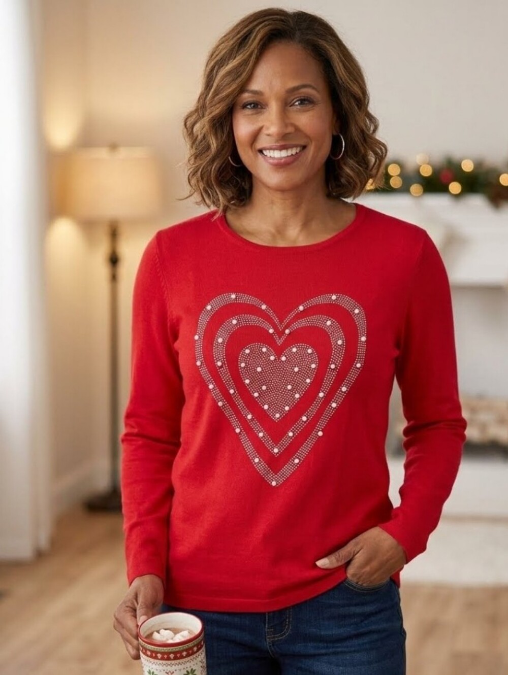 XL❤️Vintage Festive Vibrant Red Sweater Heart Pearls Design Fall Outfit